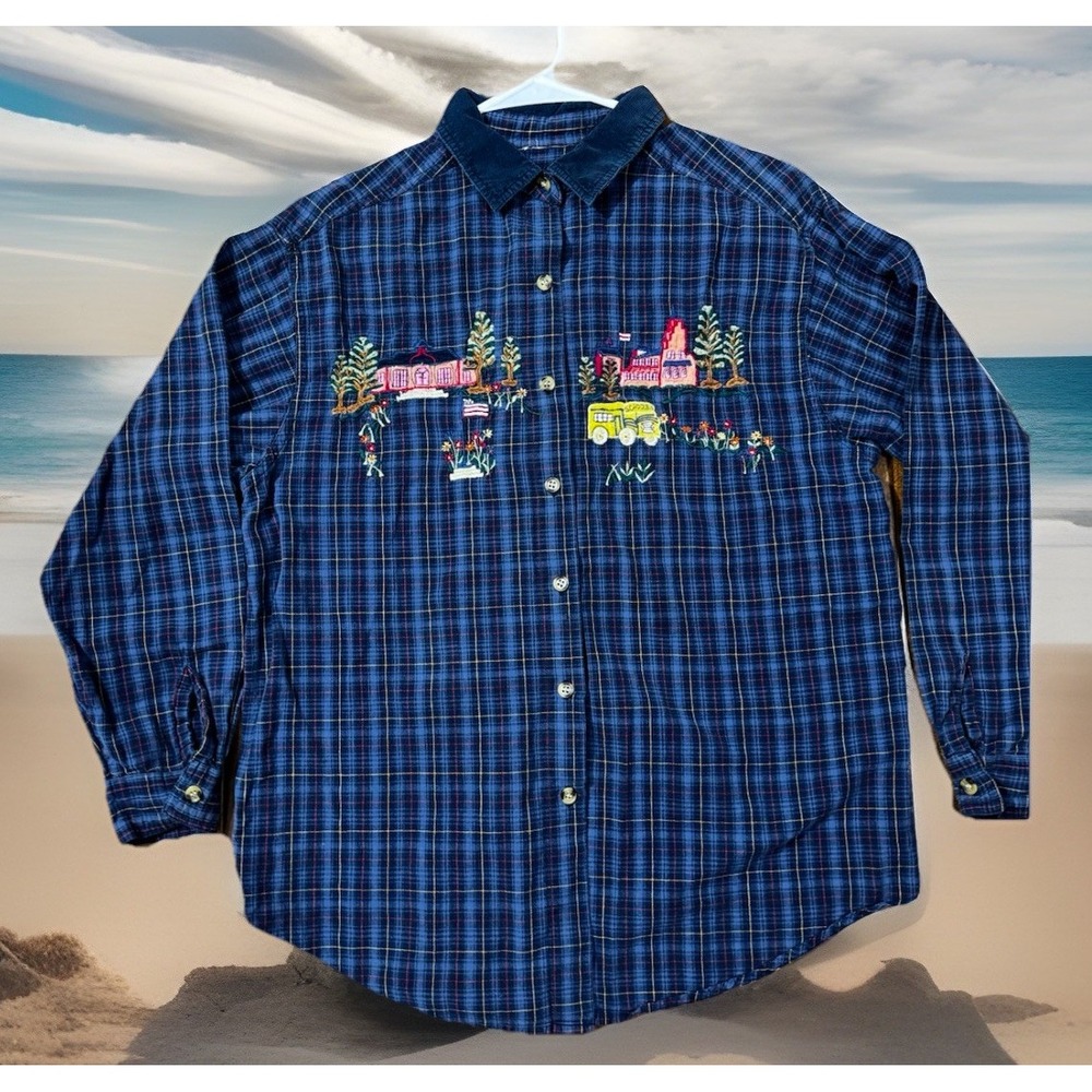 Y2K CASEY&MAX Blue Plaid Shirt L Embroidered VTG School Scene Corduroy Collar